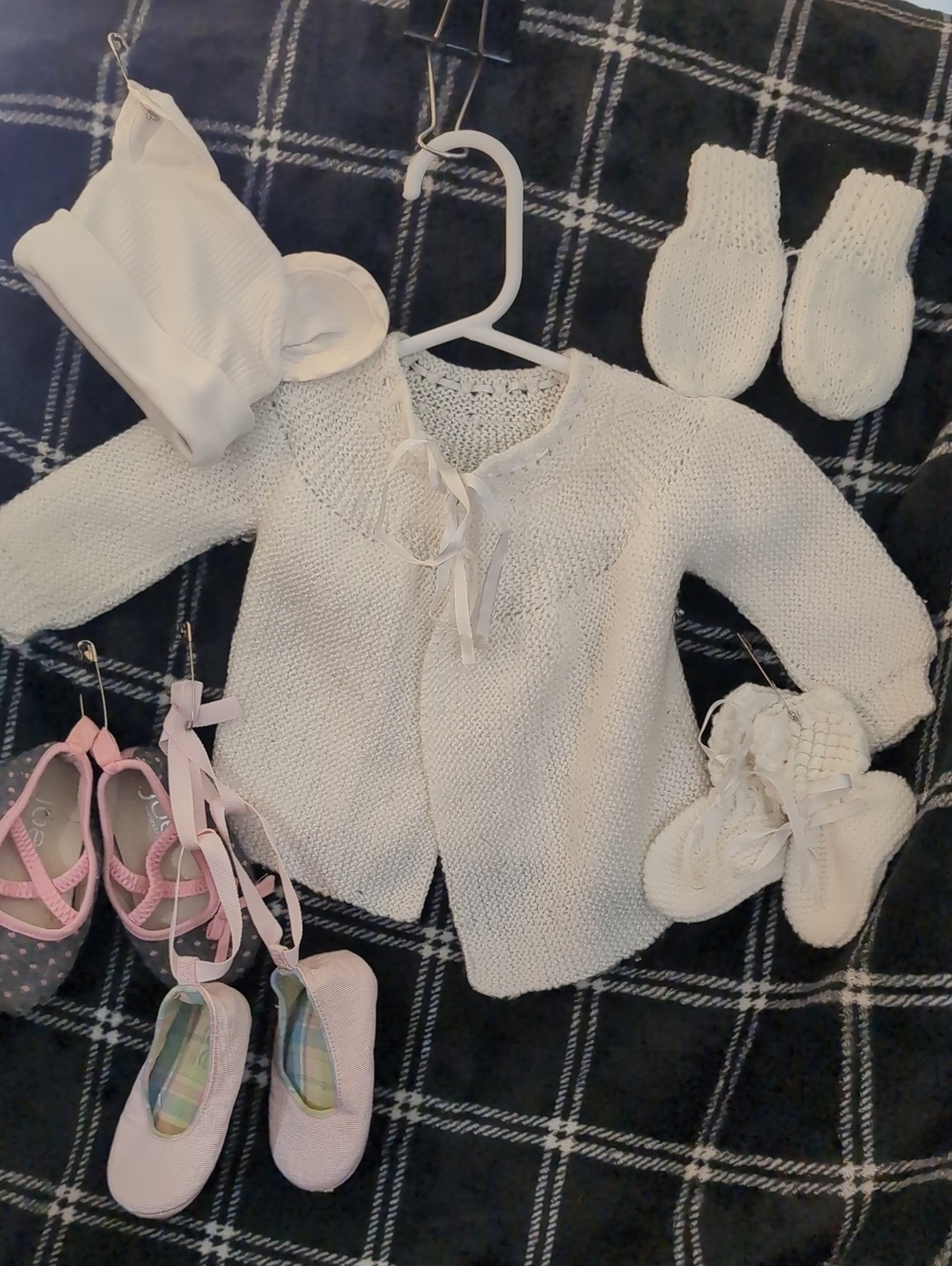 White Baby Knit Cardigan, Mitts And Booties With Cap And 2 Pairs Of Shoes
